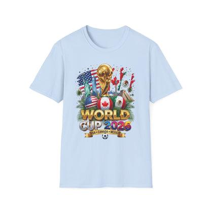 T-Shirt — World Cup 2026 Trophy Design with USA, Canada & Mexico Flags