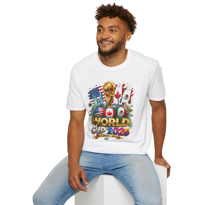 T-Shirt — World Cup 2026 Trophy Design with USA, Canada & Mexico Flags