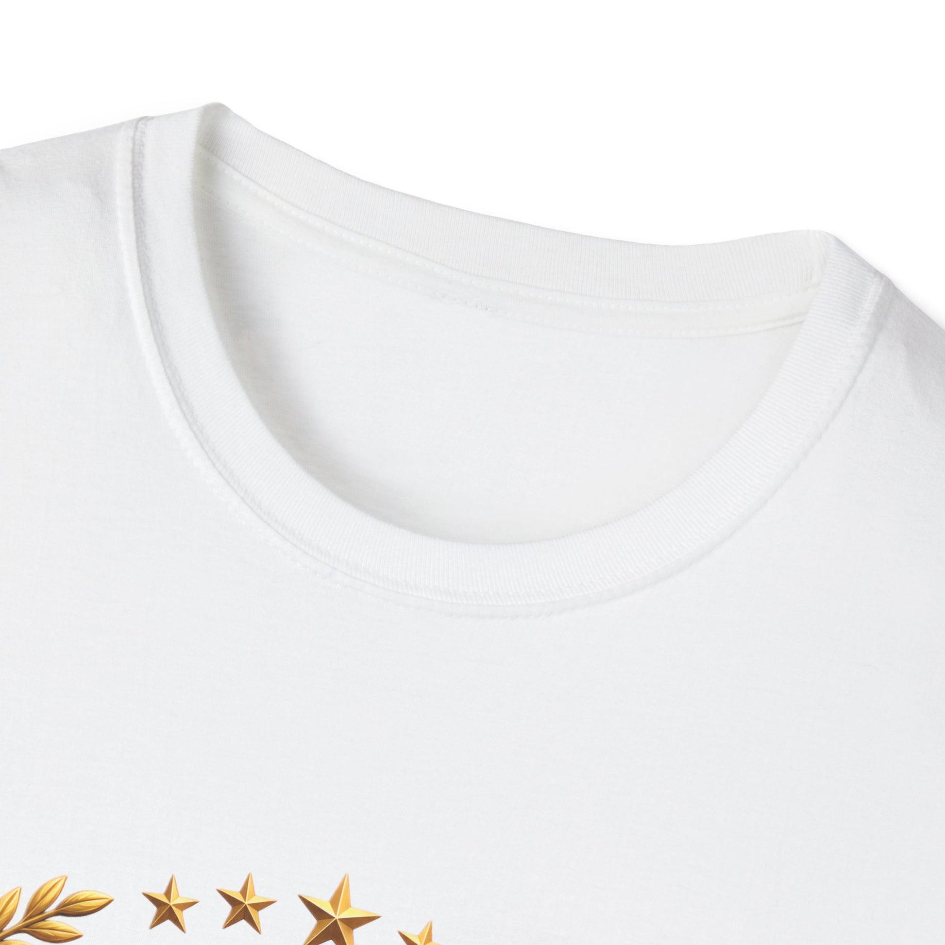 250th Anniversary USA gold eagle crest design on a white t-shirt, close-up of the collar and printed detail