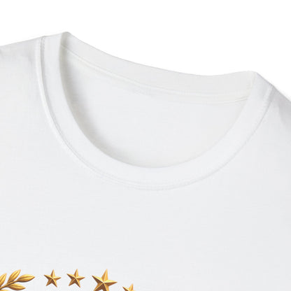 250th Anniversary USA gold eagle crest design on a white t-shirt, close-up of the collar and printed detail