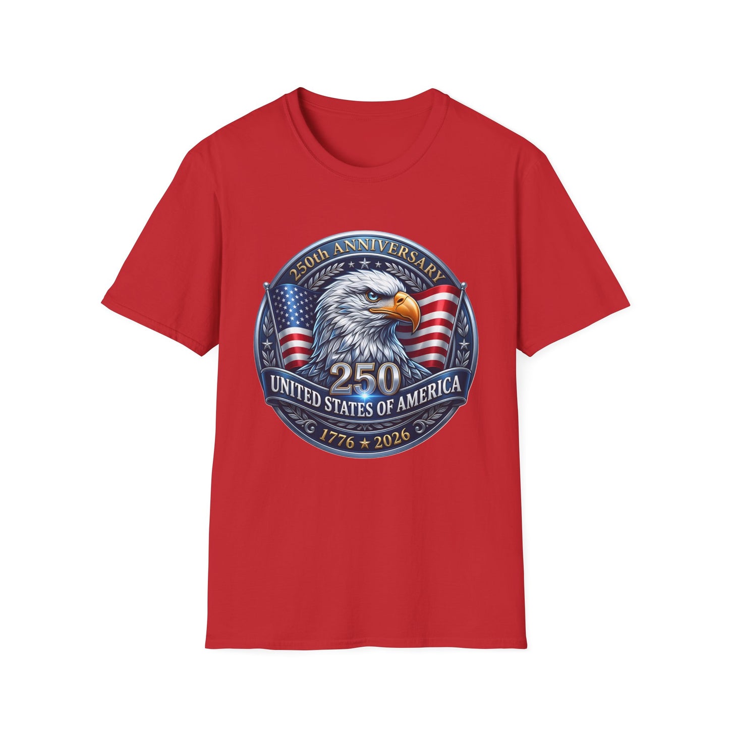 250th anniversary USA eagle design on a red t-shirt, plain front product shot