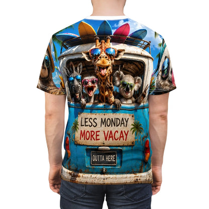 Funny summer animal beach T-shirt featuring giraffe and friends with sunglasses, all-over print tee by Printify.