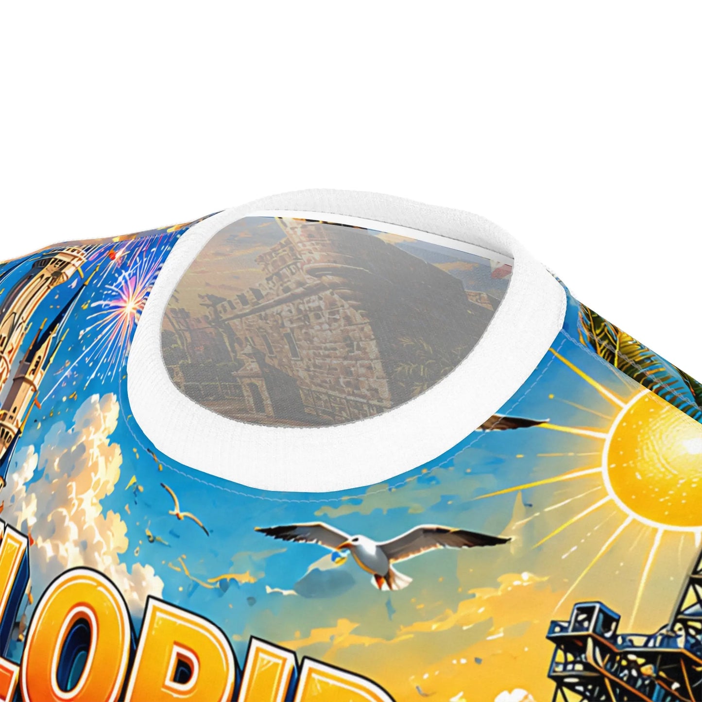 Close-up of the Florida tee print detail showing seagull, sun and vintage beach scene