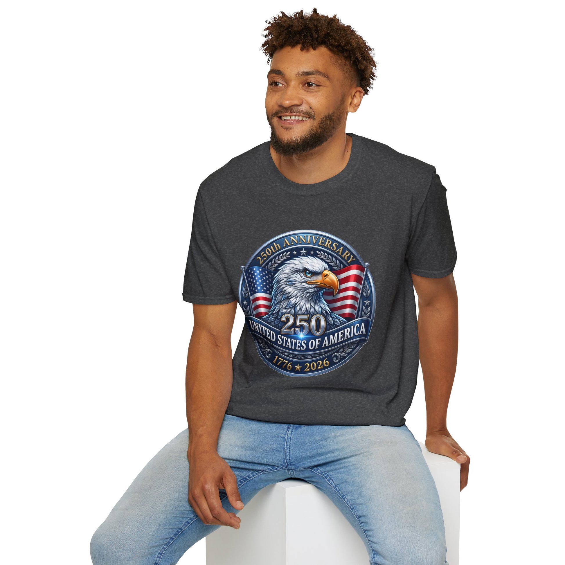 250th anniversary USA eagle design on a dark gray t-shirt, worn by a man with curly hair, front view