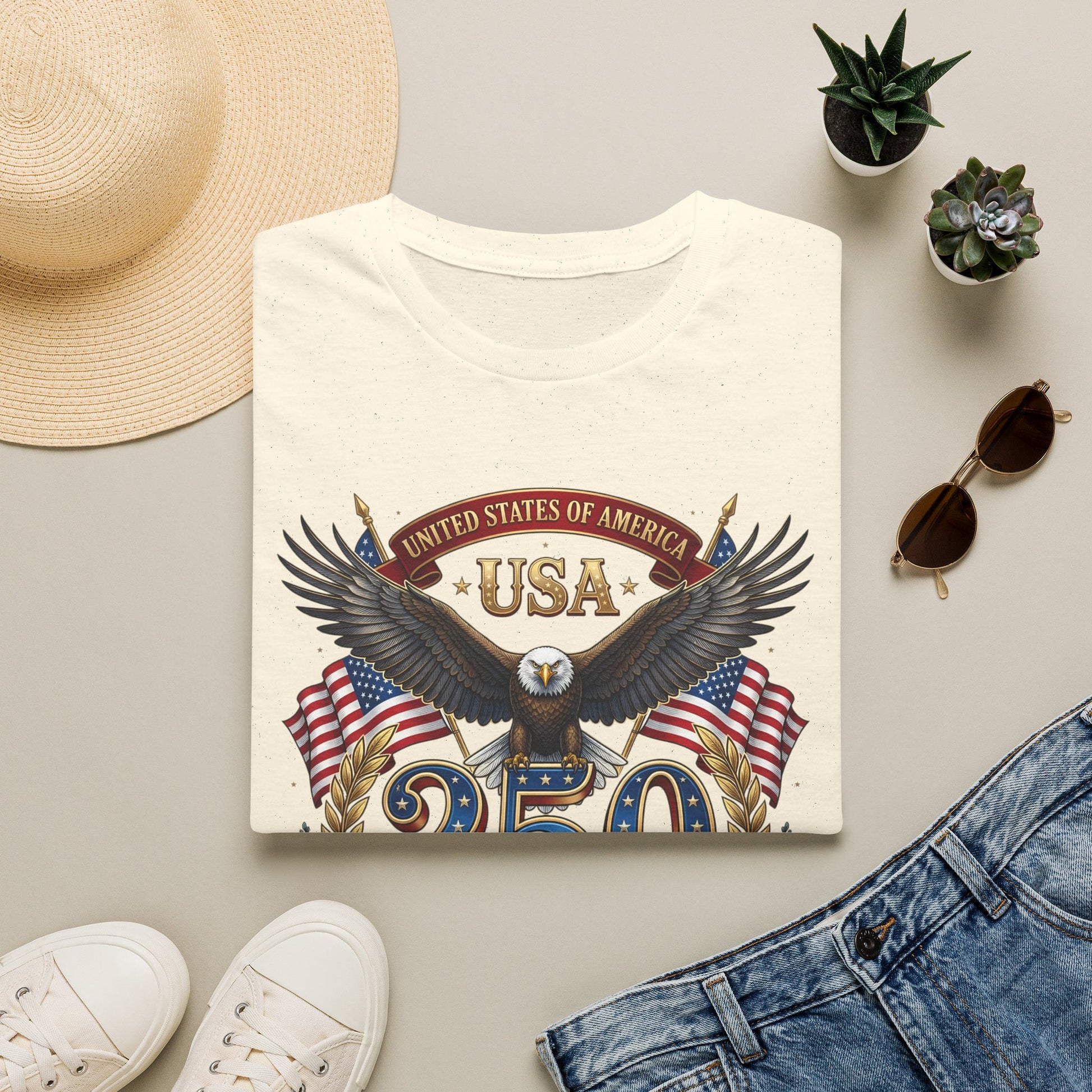 Red, white, and blue USA Eagle 250th Anniversary T-shirt with American flag design for Independence Day, by Printify.