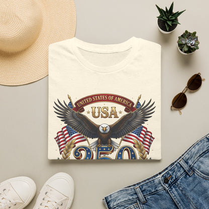 Red, white, and blue USA Eagle 250th Anniversary T-shirt with American flag design for Independence Day, by Printify.
