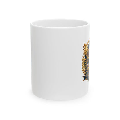 Side view of a white ceramic mug with the 250th anniversary eagle crest at the edge, on a plain white background