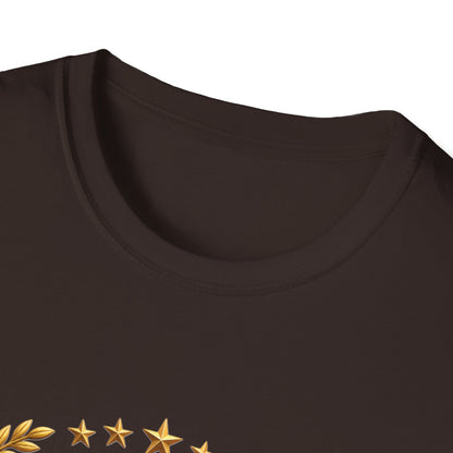 250th Anniversary USA gold eagle crest design on a dark brown t-shirt, close-up of the collar and printed detail