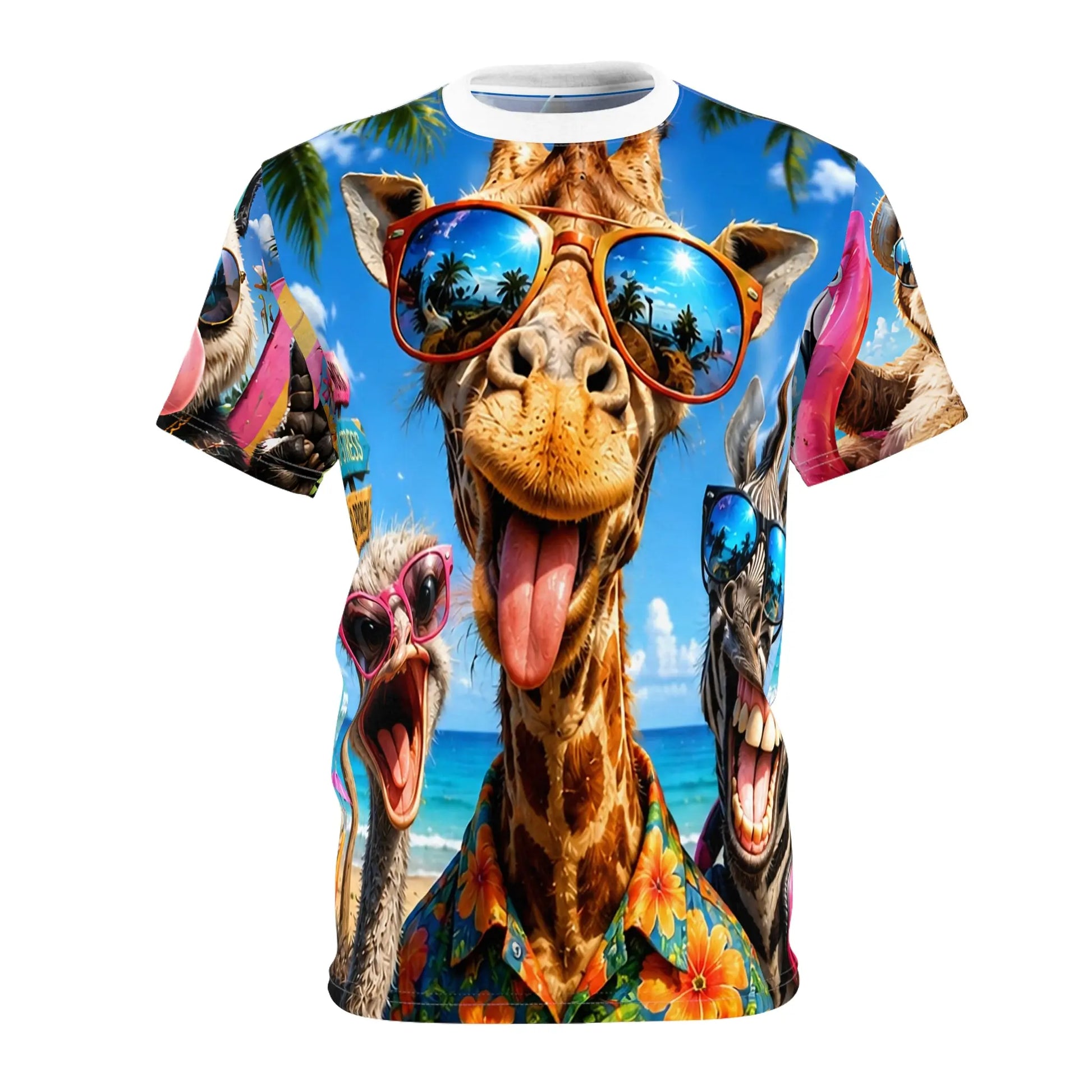 Funny summer animal beach T-shirt featuring giraffe and friends sunglasses print, all-over print tee by Printify.