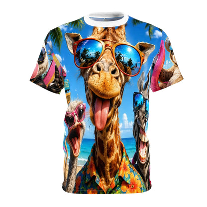 Funny summer animal beach T-shirt featuring giraffe and friends sunglasses print, all-over print tee by Printify.