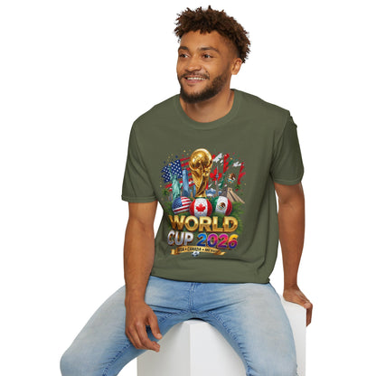 T-Shirt — World Cup 2026 Trophy Design with USA, Canada & Mexico Flags