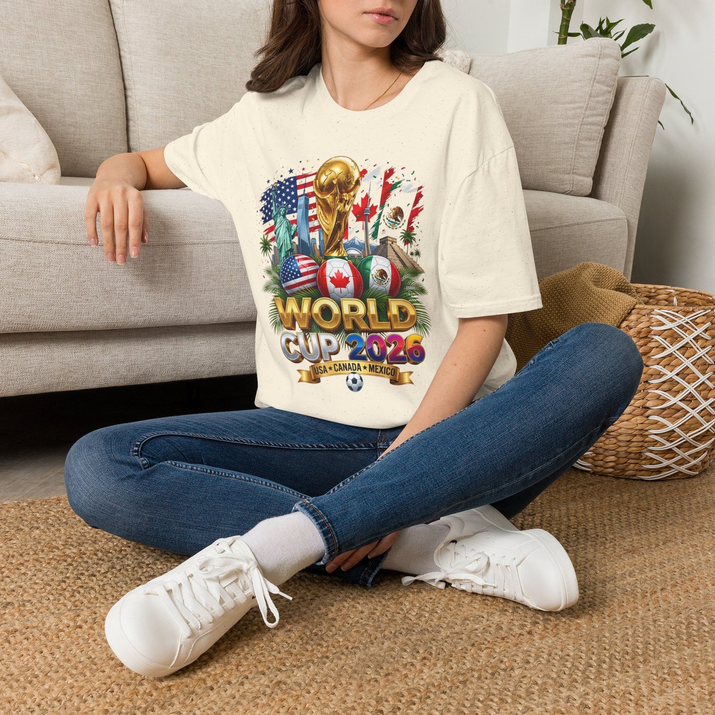 T-Shirt — World Cup 2026 Trophy Design with USA, Canada & Mexico Flags