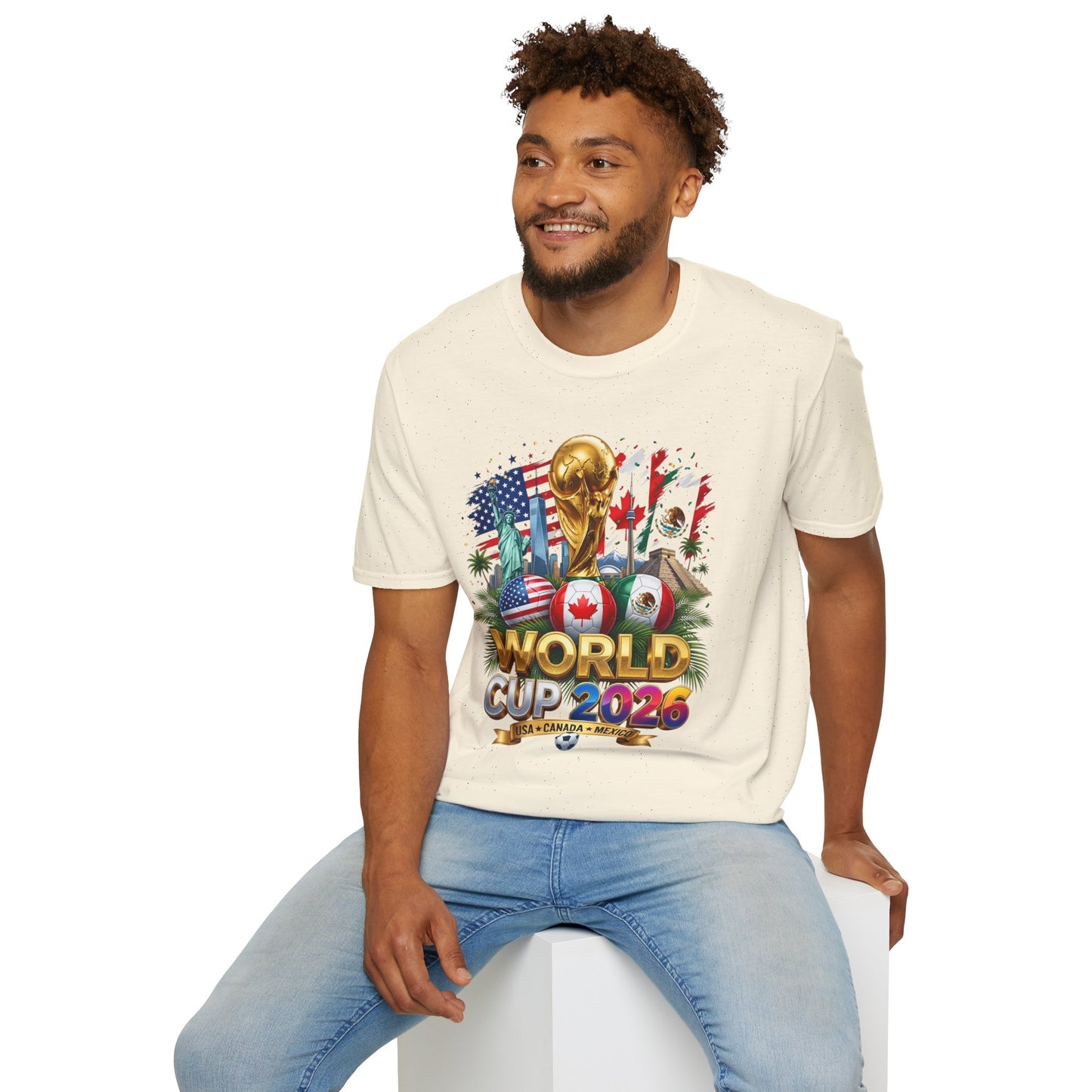 Printify T-shirt featuring World Cup 2026 trophy design with USA, Canada, and Mexico flags on a white background.