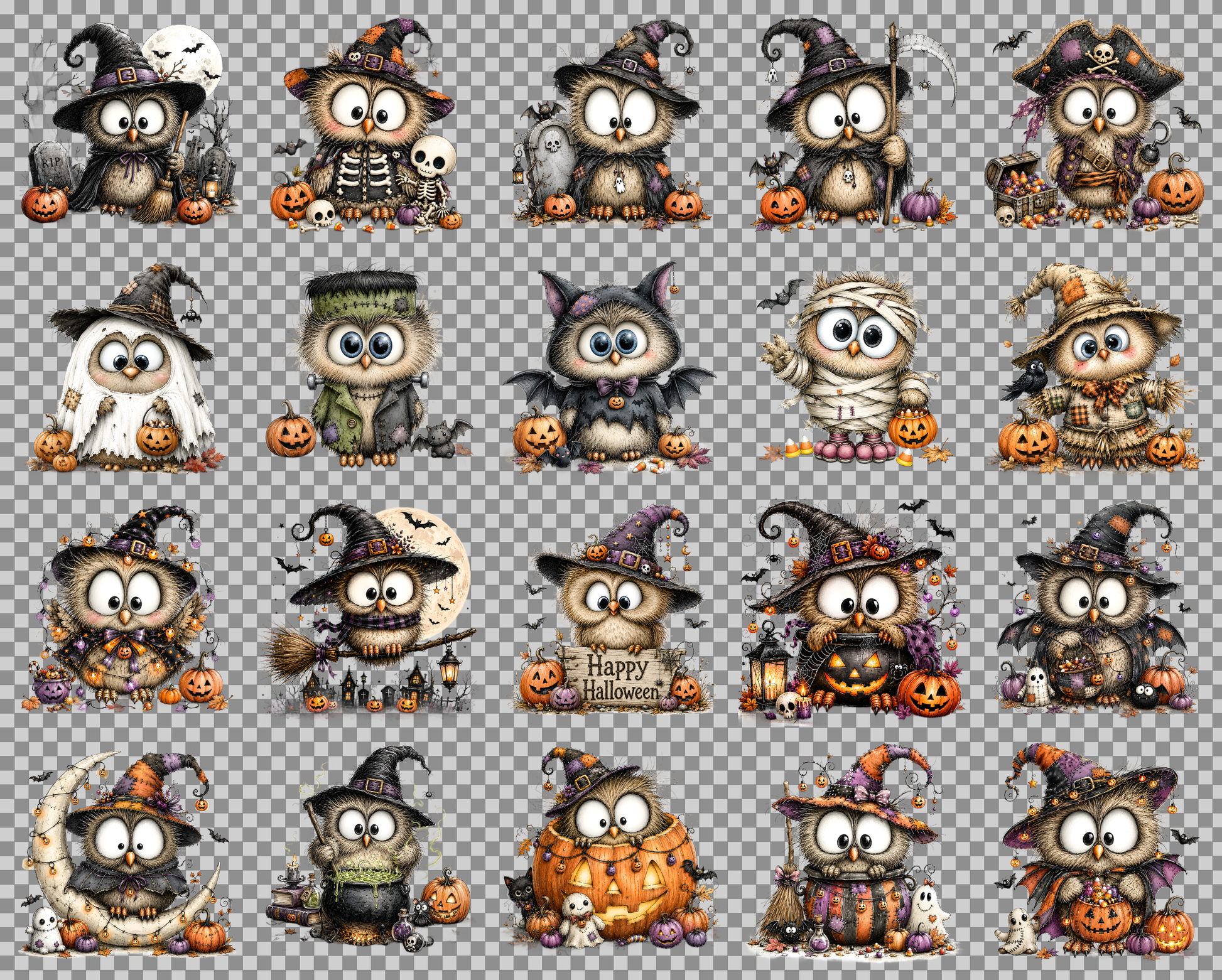 Halloween Owls Clipart PNG, Whimsical Costumed Owls Sublimation, Spooky Cute Owl Design for Crafts, Decor, POD Commercia