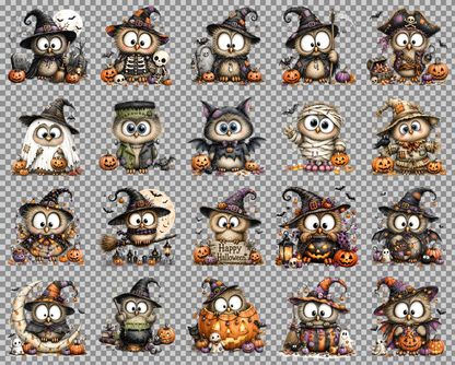 Halloween Owls Clipart PNG, Whimsical Costumed Owls Sublimation, Spooky Cute Owl Design for Crafts, Decor, POD Commercia