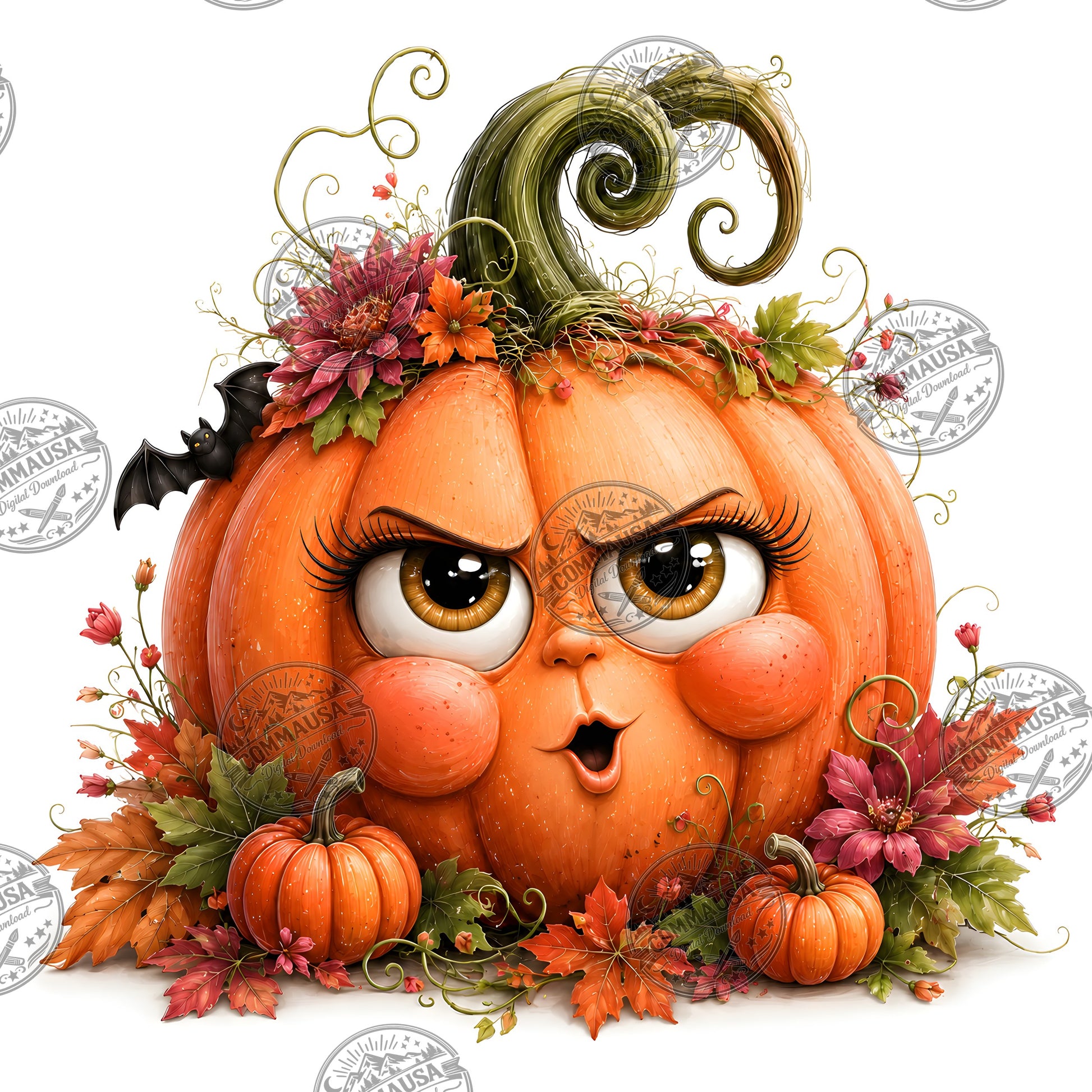 Cute Pumpkin PNG Whimsical Halloween Clipart Sublimation Design Fall Autumn Decor Commercial Use Pumpkin Characters