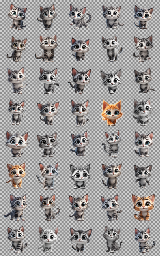 Cute kitten clipart — transparent PNG grid preview of all 40 big-eyed cartoon tabby kitten designs.