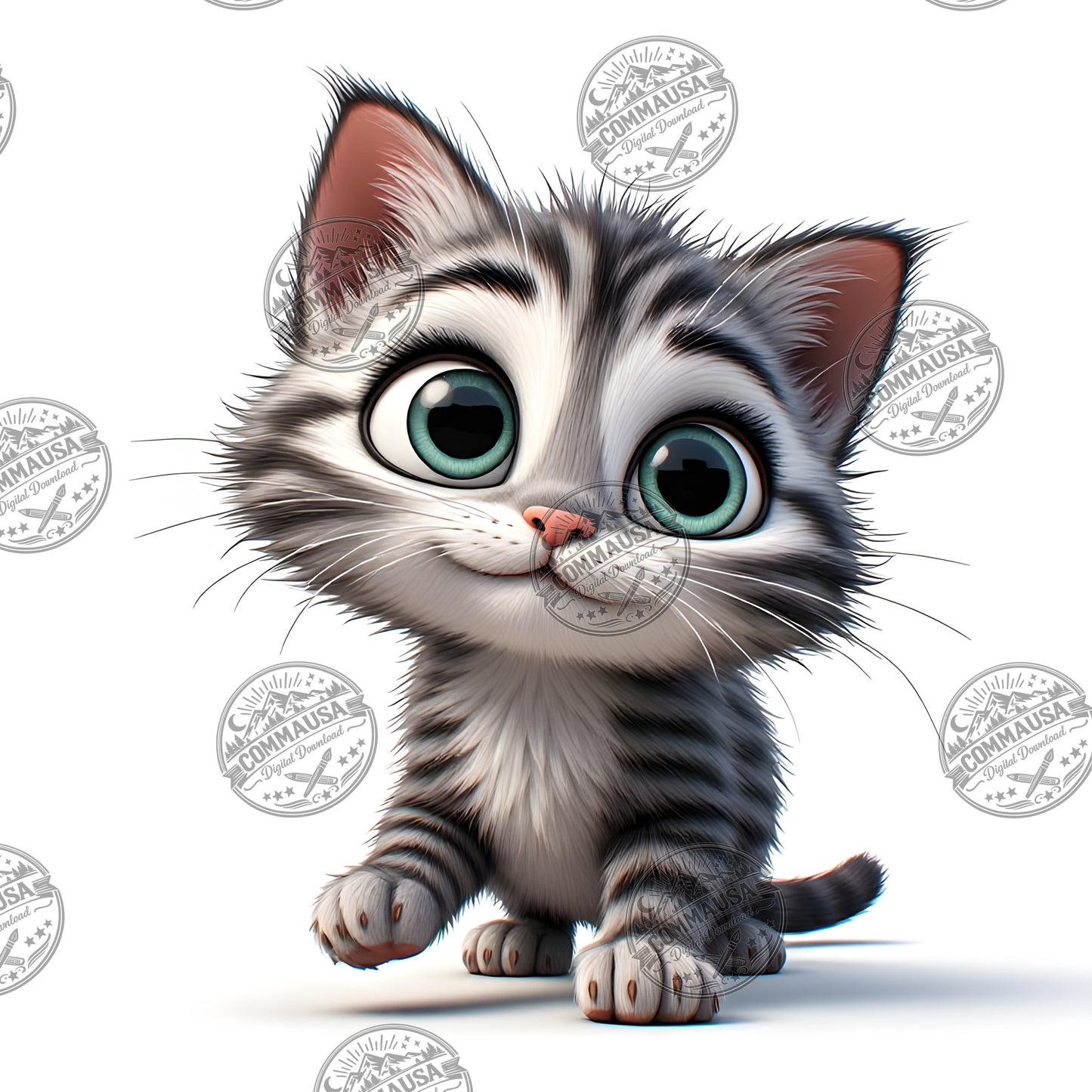 Cute Gray Tabby Kitten PNG, Big Eyed Kitten Cartoon Clipart, Nursery Wall Art, Sublimation Design, Commercial Use POD