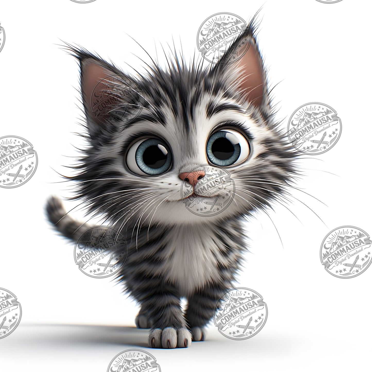 Cute Gray Tabby Kitten PNG, Big Eyed Kitten Cartoon Clipart, Nursery Wall Art, Sublimation Design, Commercial Use POD