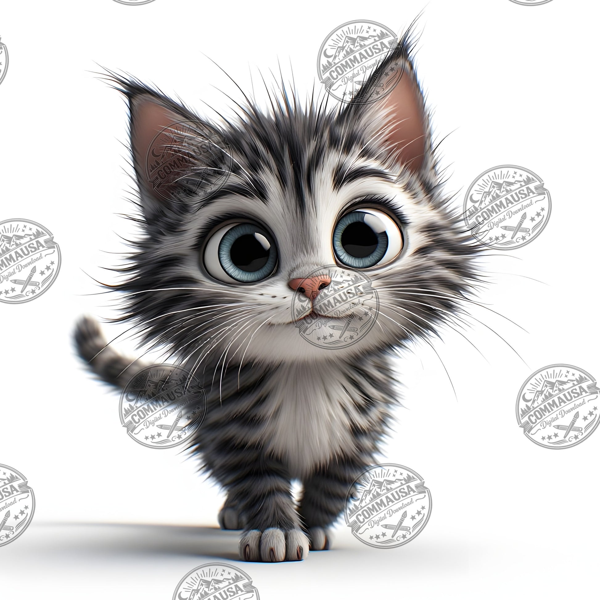 Cute Gray Tabby Kitten PNG, Big Eyed Kitten Cartoon Clipart, Nursery Wall Art, Sublimation Design, Commercial Use POD