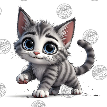 Cute Gray Tabby Kitten PNG, Big Eyed Kitten Cartoon Clipart, Nursery Wall Art, Sublimation Design, Commercial Use POD