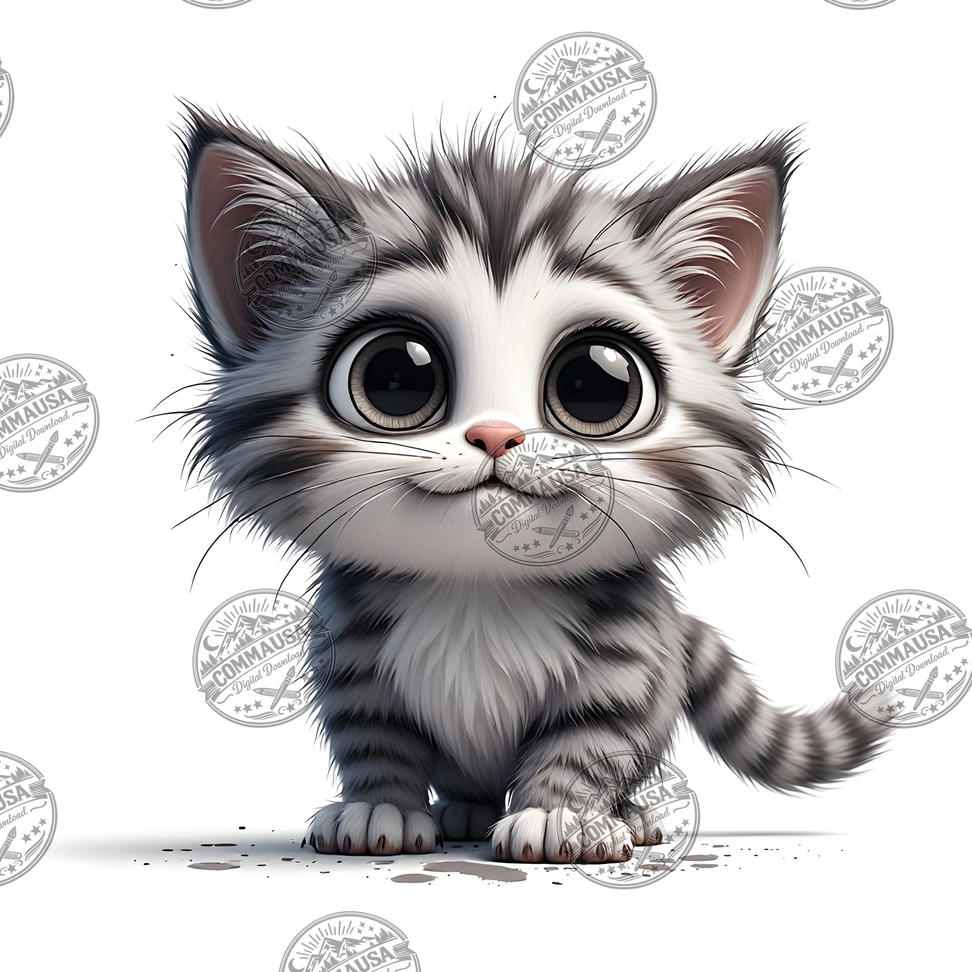 Cute Gray Tabby Kitten PNG, Big Eyed Kitten Cartoon Clipart, Nursery Wall Art, Sublimation Design, Commercial Use POD