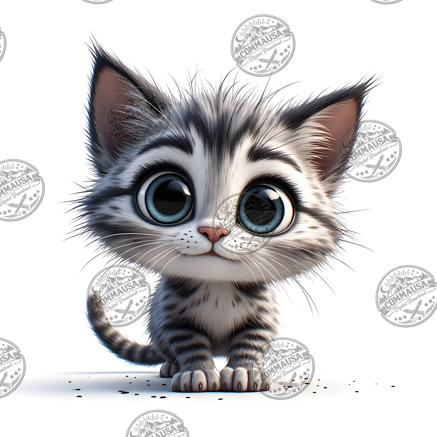Cute Gray Tabby Kitten PNG, Big Eyed Kitten Cartoon Clipart, Nursery Wall Art, Sublimation Design, Commercial Use POD