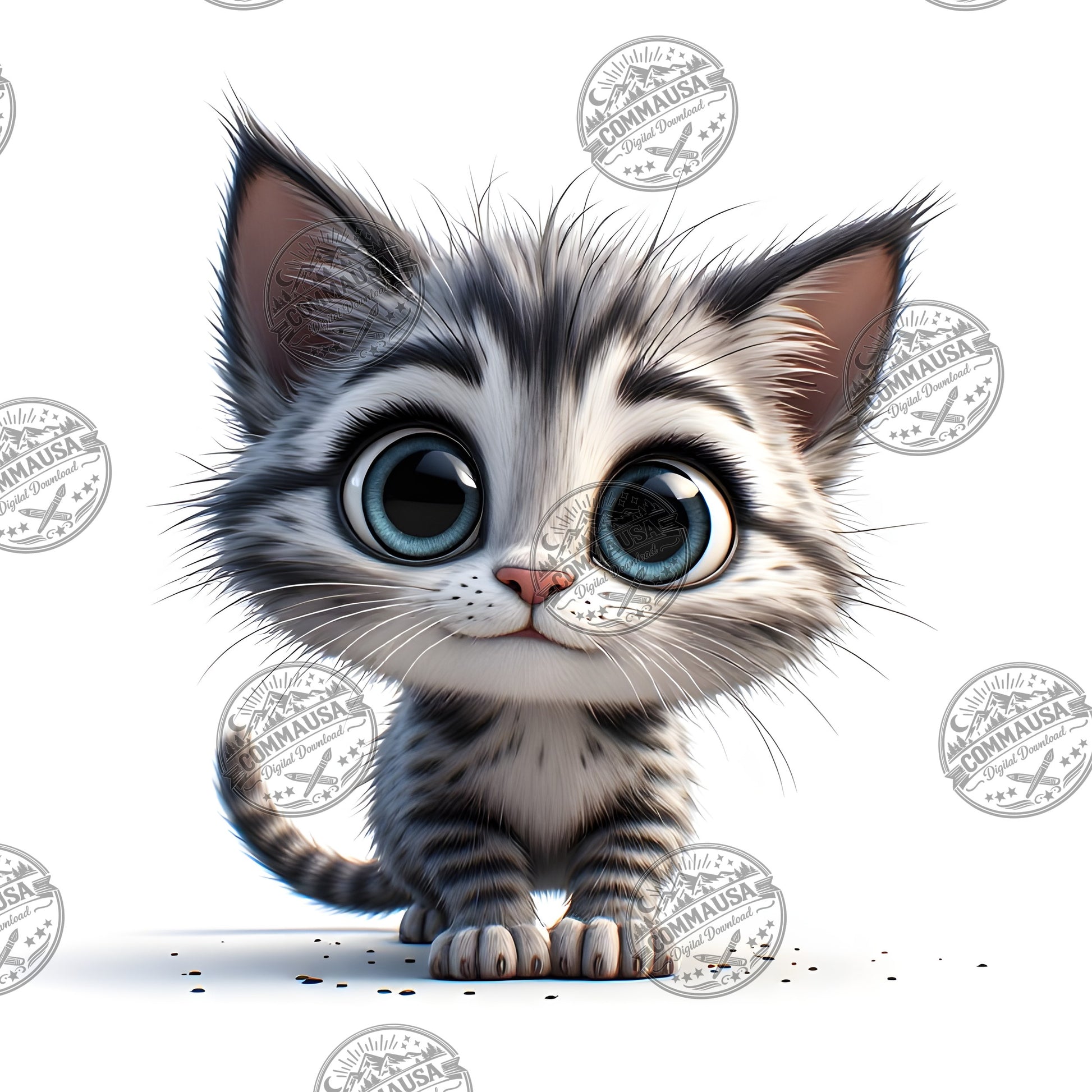 Cute Gray Tabby Kitten PNG, Big Eyed Kitten Cartoon Clipart, Nursery Wall Art, Sublimation Design, Commercial Use POD