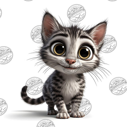 Cute Gray Tabby Kitten PNG, Big Eyed Kitten Cartoon Clipart, Nursery Wall Art, Sublimation Design, Commercial Use POD