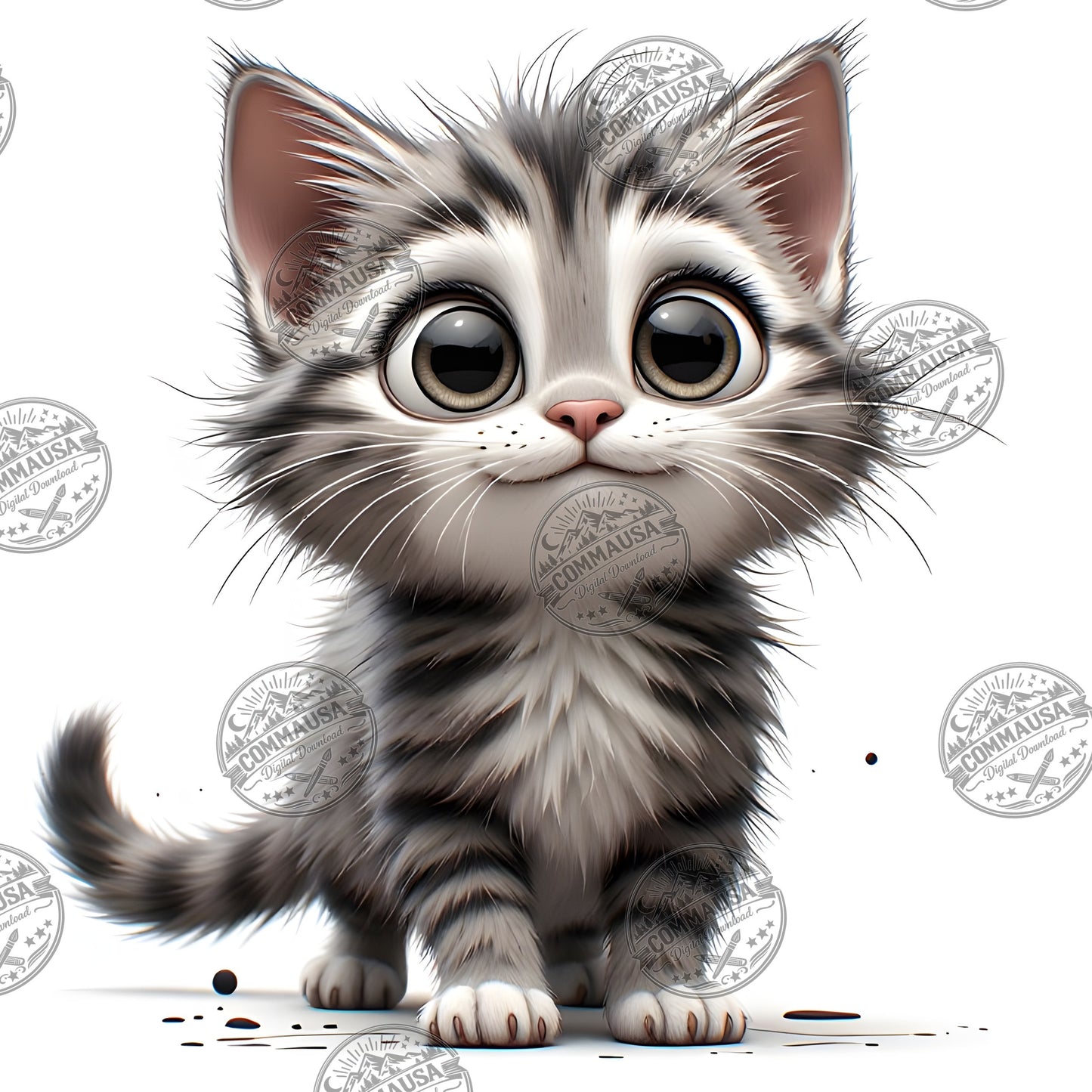 Cute Gray Tabby Kitten PNG, Big Eyed Kitten Cartoon Clipart, Nursery Wall Art, Sublimation Design, Commercial Use POD