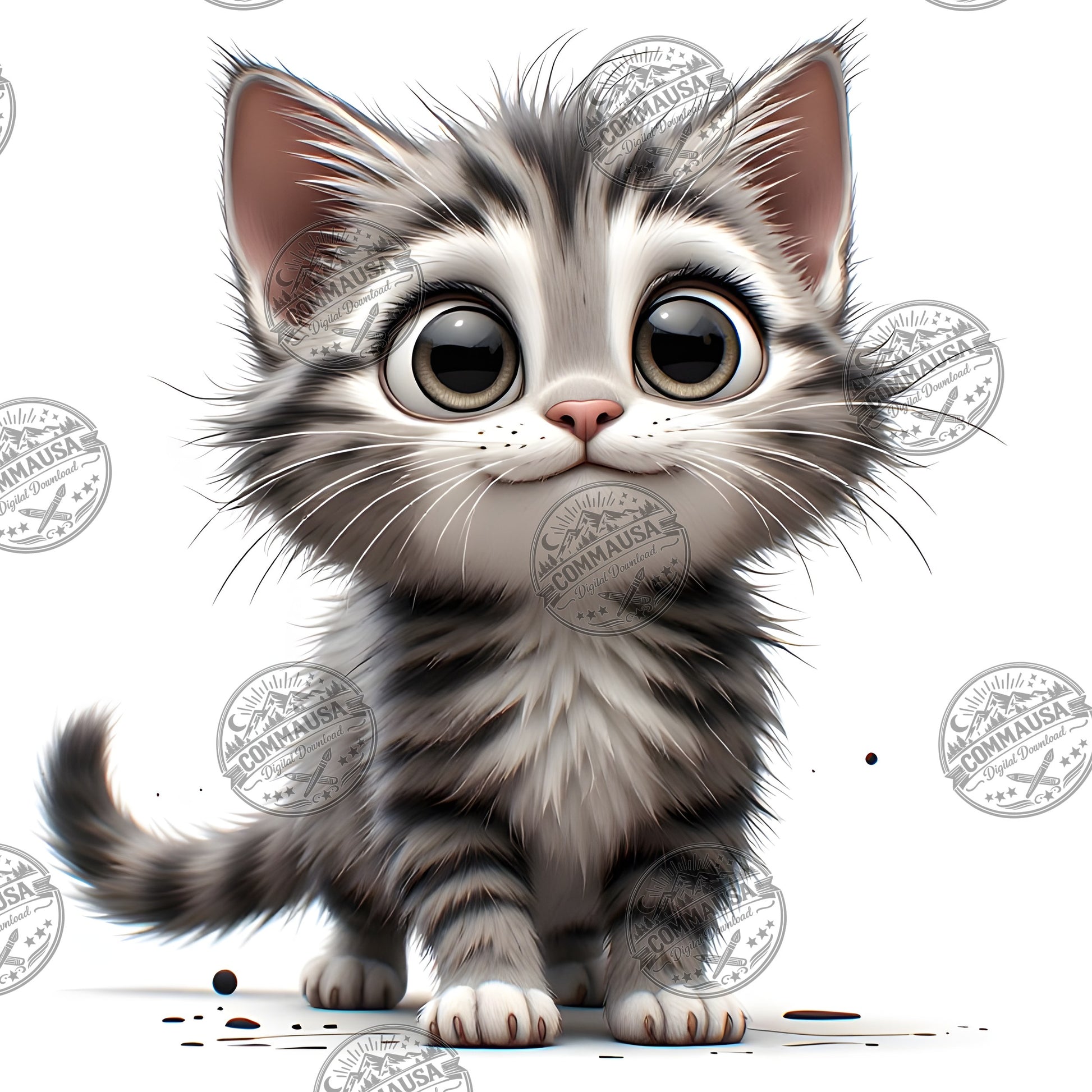 Cute Gray Tabby Kitten PNG, Big Eyed Kitten Cartoon Clipart, Nursery Wall Art, Sublimation Design, Commercial Use POD