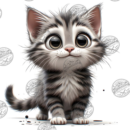 Cute Gray Tabby Kitten PNG, Big Eyed Kitten Cartoon Clipart, Nursery Wall Art, Sublimation Design, Commercial Use POD