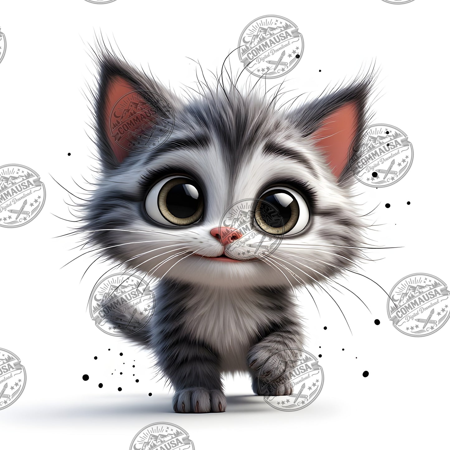 Cute Gray Tabby Kitten PNG, Big Eyed Kitten Cartoon Clipart, Nursery Wall Art, Sublimation Design, Commercial Use POD