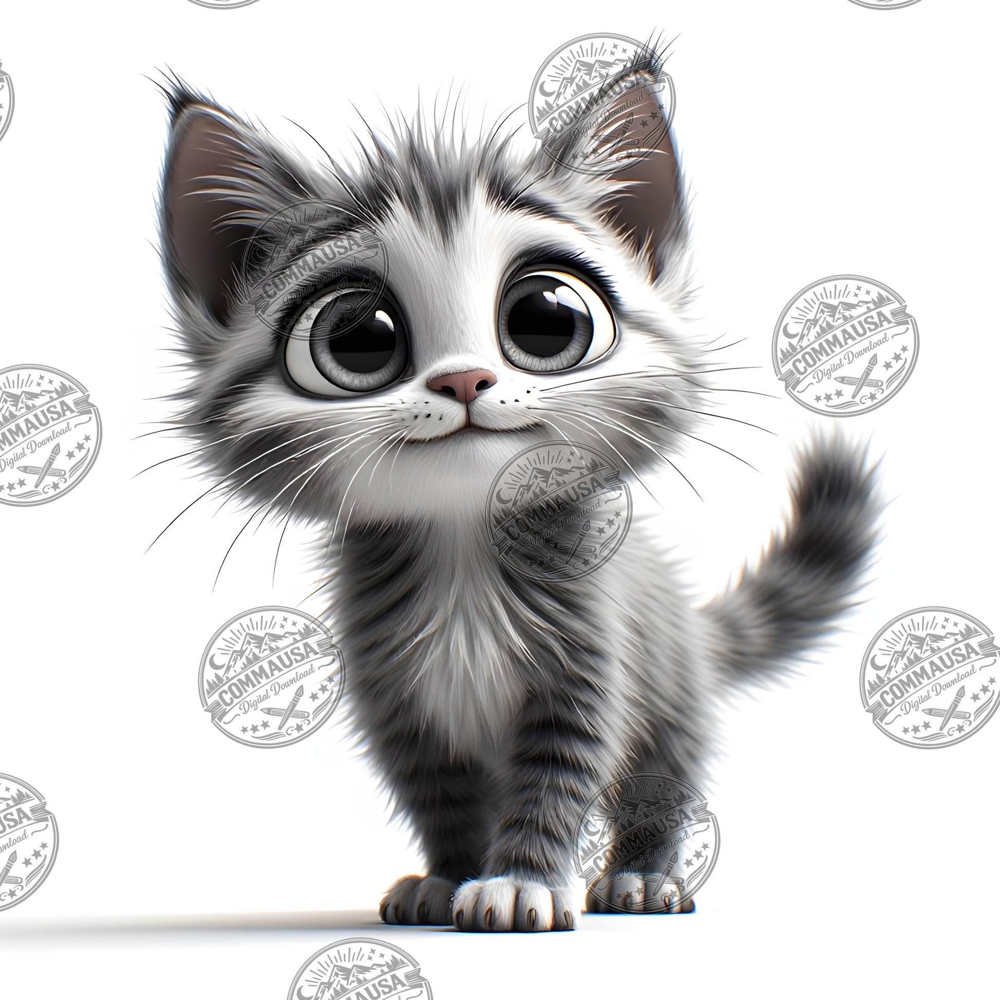 Cute Gray Tabby Kitten PNG, Big Eyed Kitten Cartoon Clipart, Nursery Wall Art, Sublimation Design, Commercial Use POD