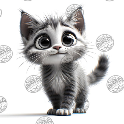 Cute Gray Tabby Kitten PNG, Big Eyed Kitten Cartoon Clipart, Nursery Wall Art, Sublimation Design, Commercial Use POD