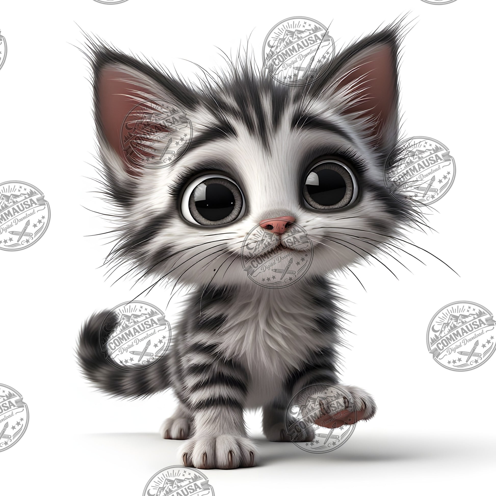 Cute Gray Tabby Kitten PNG, Big Eyed Kitten Cartoon Clipart, Nursery Wall Art, Sublimation Design, Commercial Use POD