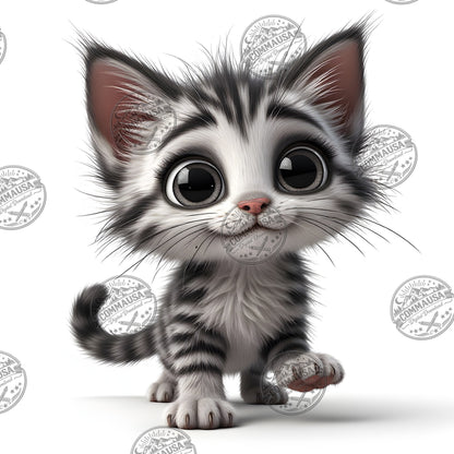 Cute Gray Tabby Kitten PNG, Big Eyed Kitten Cartoon Clipart, Nursery Wall Art, Sublimation Design, Commercial Use POD