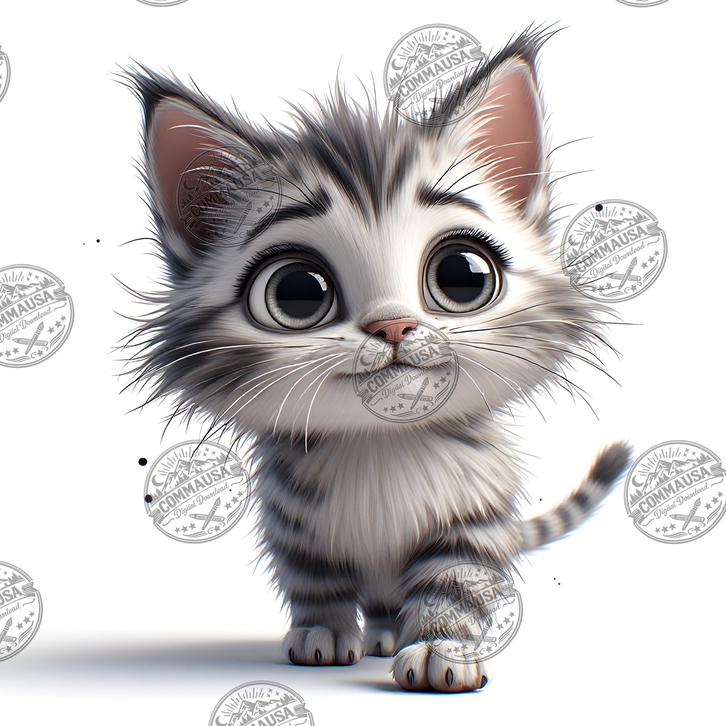 Cute Gray Tabby Kitten PNG, Big Eyed Kitten Cartoon Clipart, Nursery Wall Art, Sublimation Design, Commercial Use POD