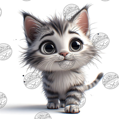 Cute Gray Tabby Kitten PNG, Big Eyed Kitten Cartoon Clipart, Nursery Wall Art, Sublimation Design, Commercial Use POD