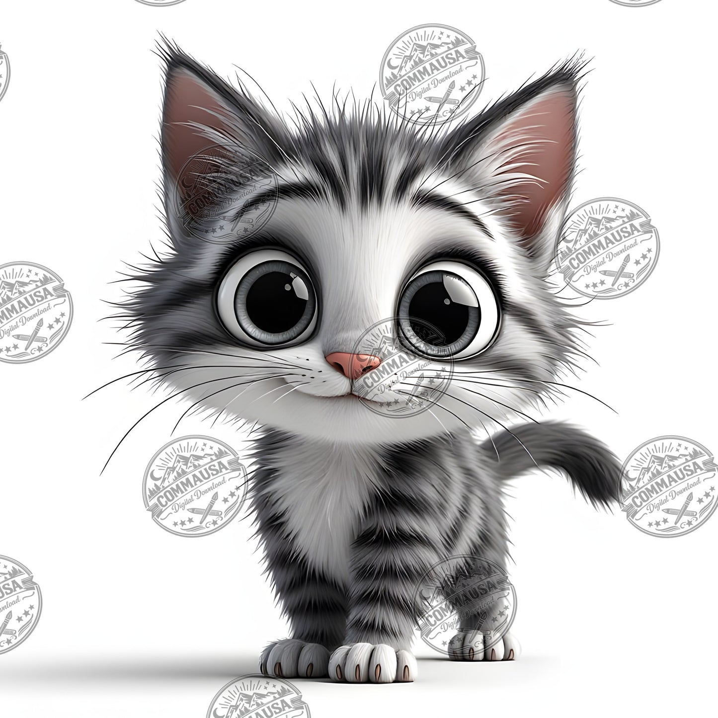 Cute Gray Tabby Kitten PNG, Big Eyed Kitten Cartoon Clipart, Nursery Wall Art, Sublimation Design, Commercial Use POD
