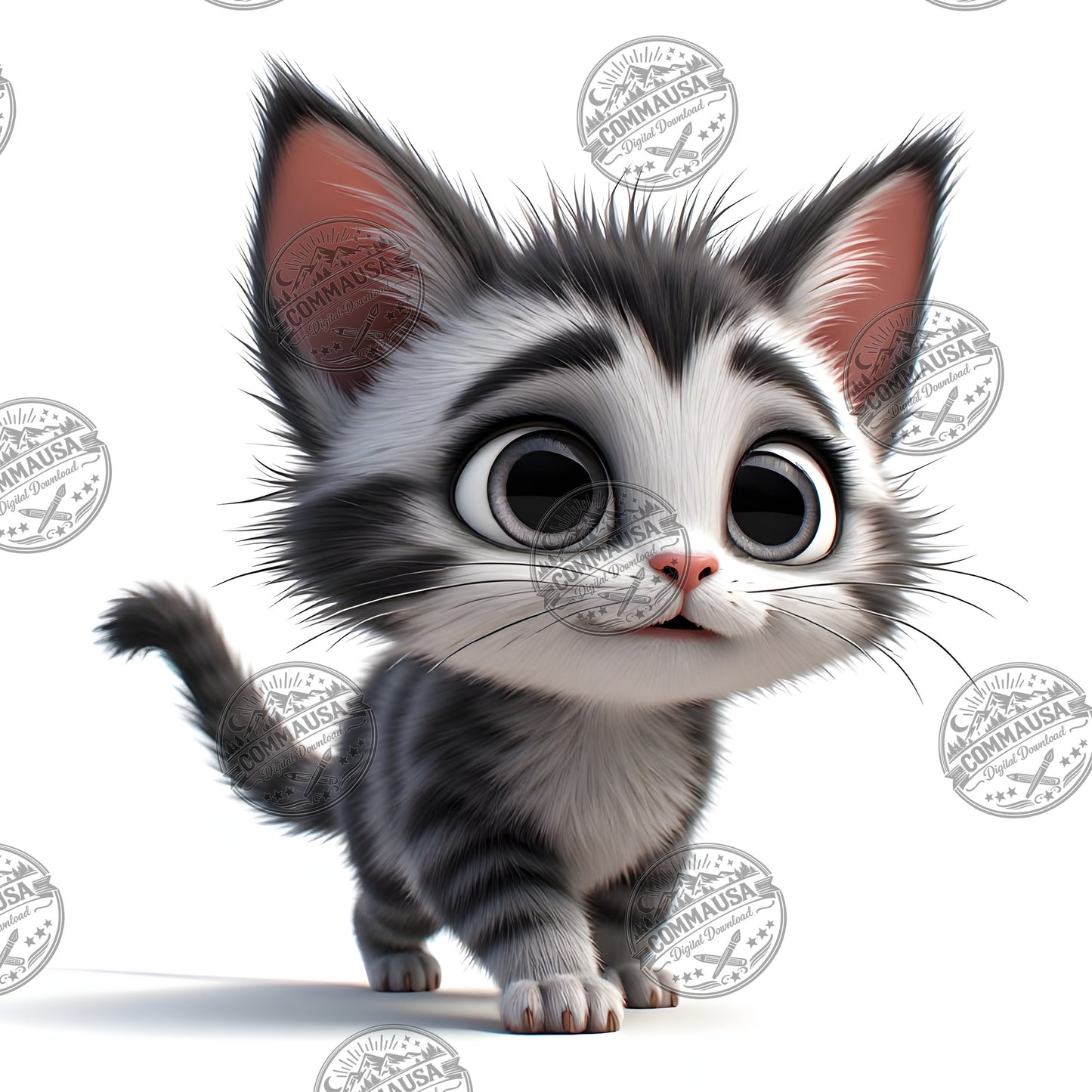 Cute Gray Tabby Kitten PNG, Big Eyed Kitten Cartoon Clipart, Nursery Wall Art, Sublimation Design, Commercial Use POD