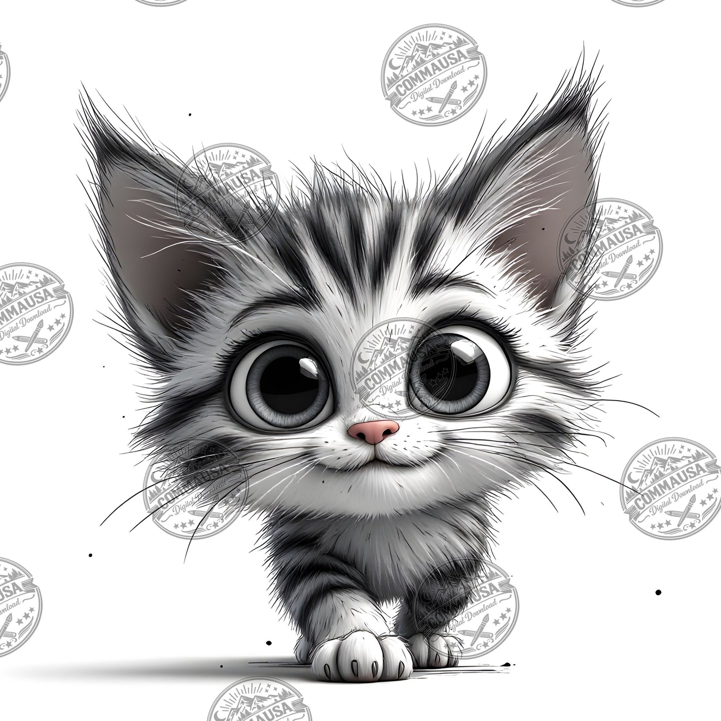 Cute Gray Tabby Kitten PNG, Big Eyed Kitten Cartoon Clipart, Nursery Wall Art, Sublimation Design, Commercial Use POD