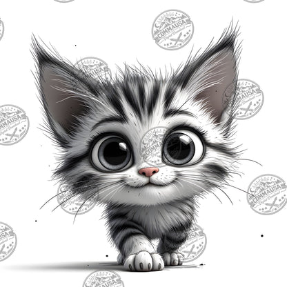 Cute Gray Tabby Kitten PNG, Big Eyed Kitten Cartoon Clipart, Nursery Wall Art, Sublimation Design, Commercial Use POD