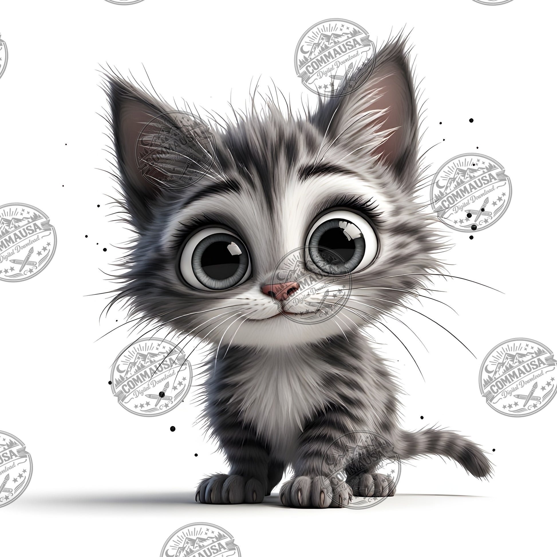 Cute Gray Tabby Kitten PNG, Big Eyed Kitten Cartoon Clipart, Nursery Wall Art, Sublimation Design, Commercial Use POD