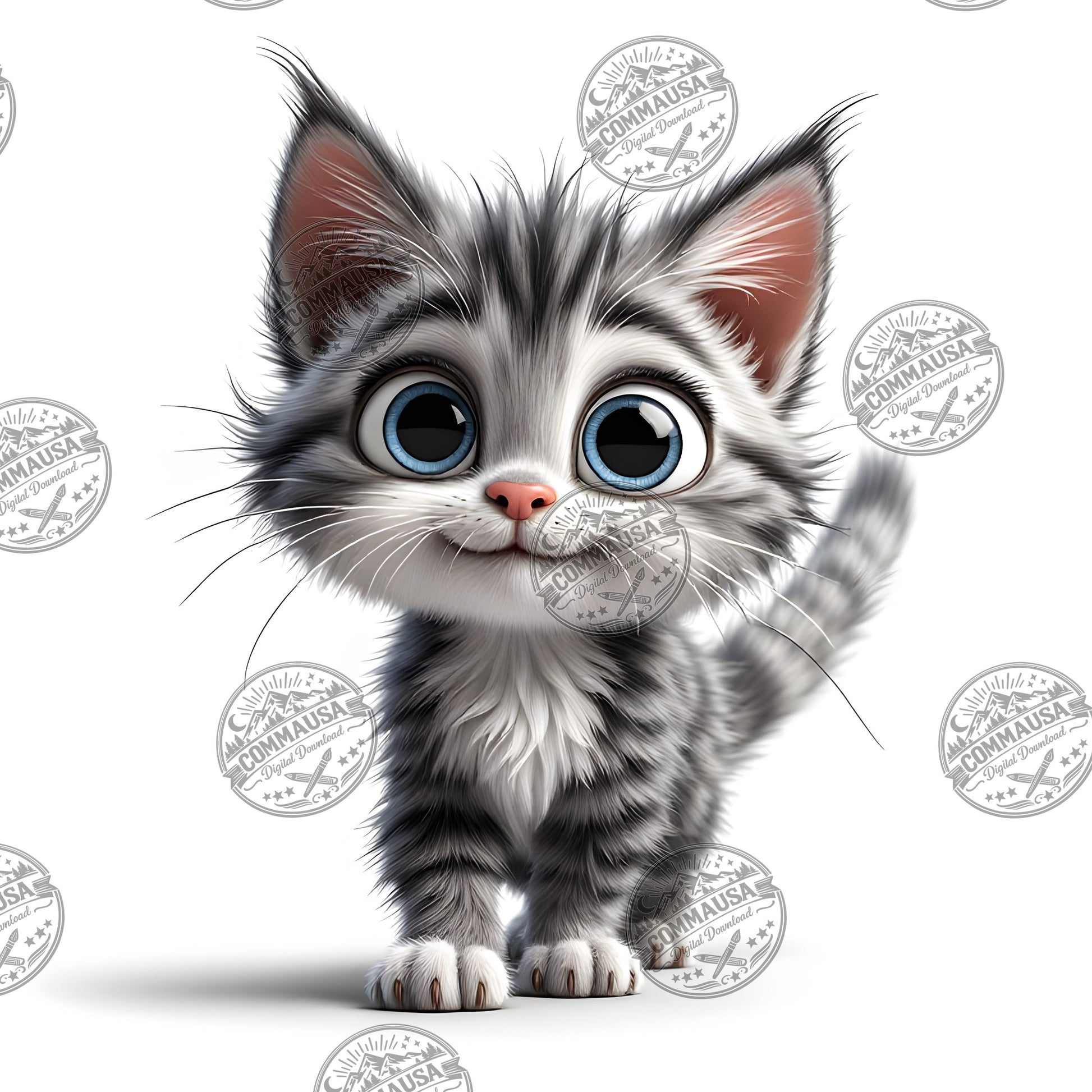 Cute Gray Tabby Kitten PNG, Big Eyed Kitten Cartoon Clipart, Nursery Wall Art, Sublimation Design, Commercial Use POD