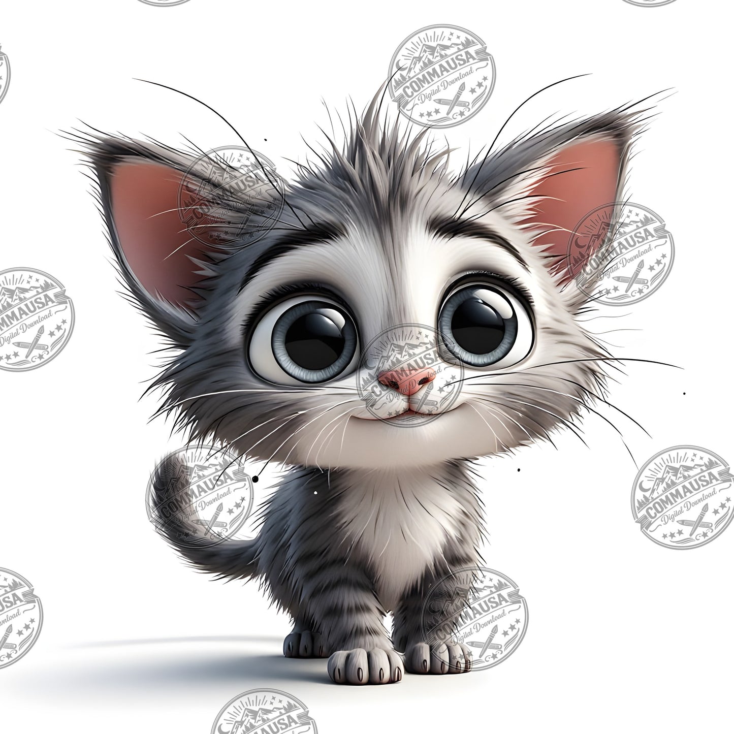 Cute Gray Tabby Kitten PNG, Big Eyed Kitten Cartoon Clipart, Nursery Wall Art, Sublimation Design, Commercial Use POD