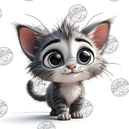 Cute Gray Tabby Kitten PNG, Big Eyed Kitten Cartoon Clipart, Nursery Wall Art, Sublimation Design, Commercial Use POD
