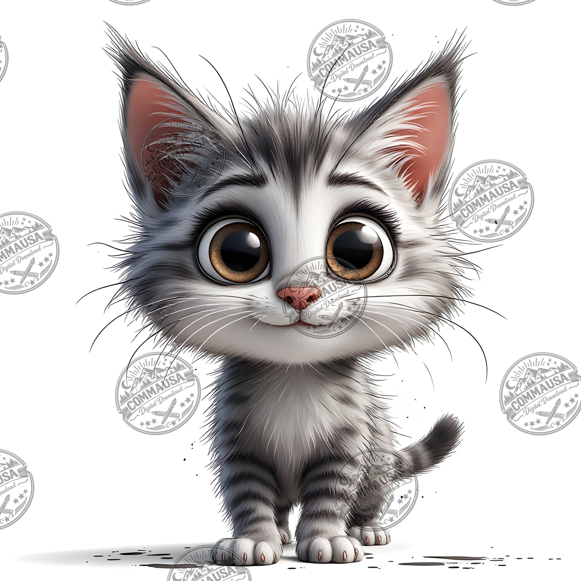 Cute Gray Tabby Kitten PNG, Big Eyed Kitten Cartoon Clipart, Nursery Wall Art, Sublimation Design, Commercial Use POD