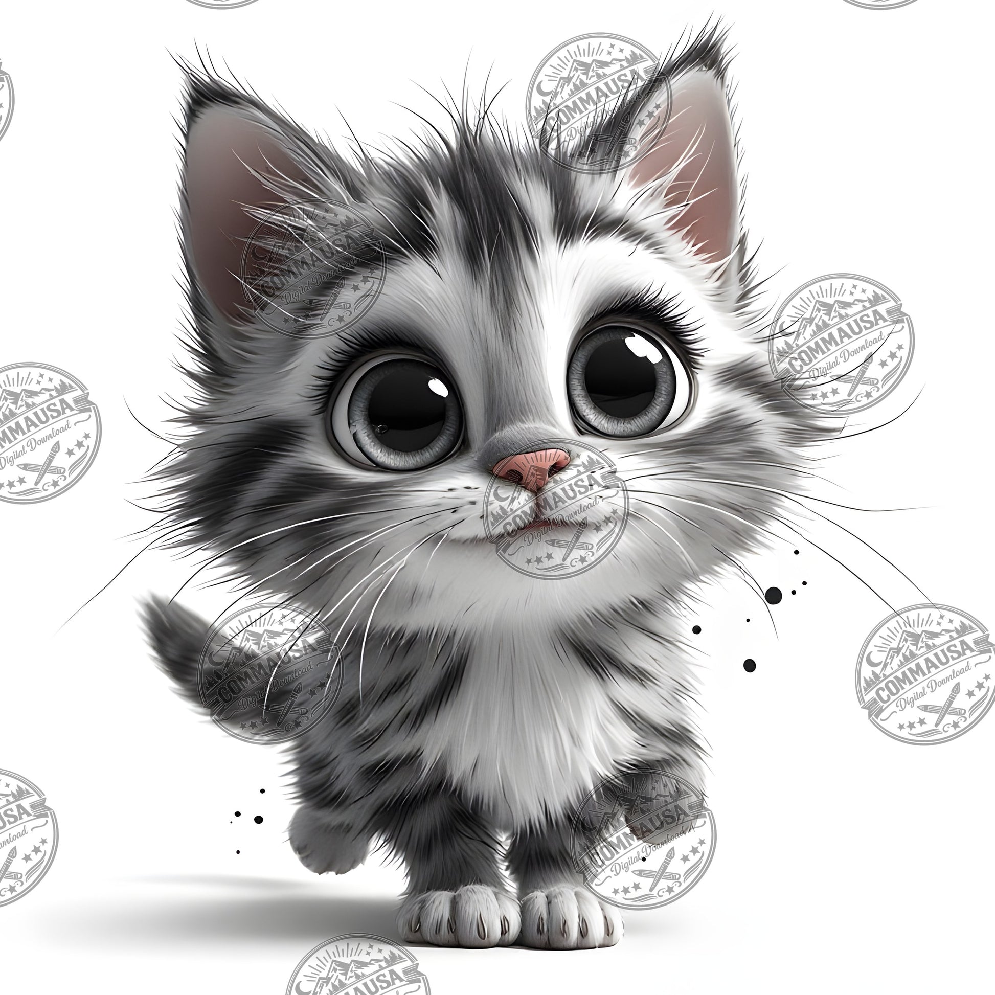 Cute Gray Tabby Kitten PNG, Big Eyed Kitten Cartoon Clipart, Nursery Wall Art, Sublimation Design, Commercial Use POD