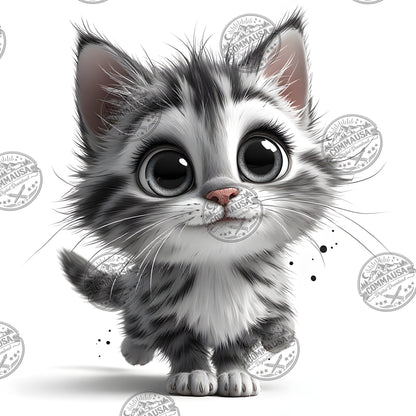 Cute Gray Tabby Kitten PNG, Big Eyed Kitten Cartoon Clipart, Nursery Wall Art, Sublimation Design, Commercial Use POD